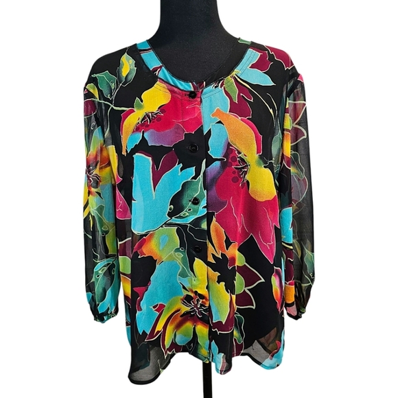 Soft Surroundings Womens Silk Floral Semi Sheer Blouse L Black Colorful Romantic - Picture 1 of 13